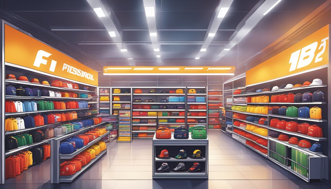 A bustling F1 merchandise store in Singapore, with shelves lined with team apparel, hats, and souvenirs. Bright lights and vibrant colors create an exciting atmosphere for fans