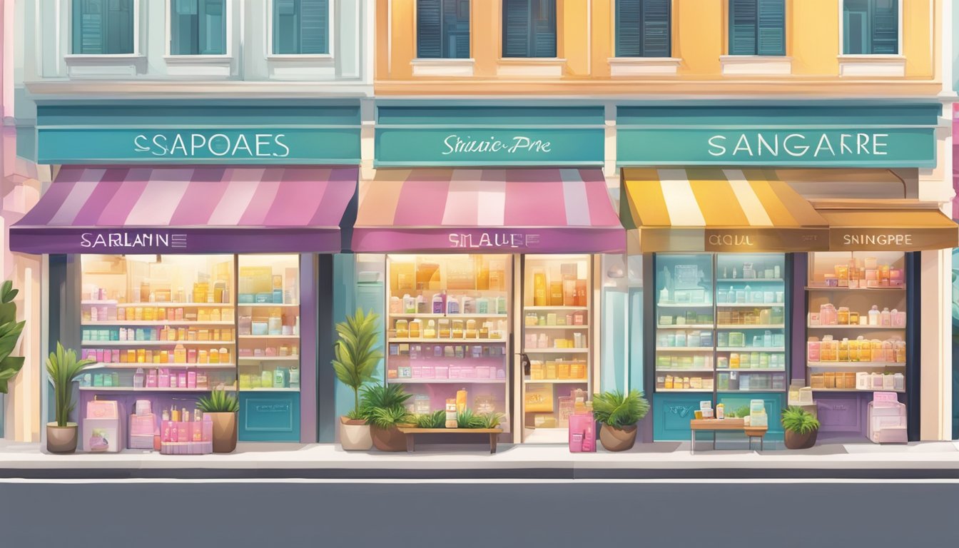 A bustling street lined with sleek storefronts showcasing a variety of skincare products, with vibrant displays and enticing signage in Singapore