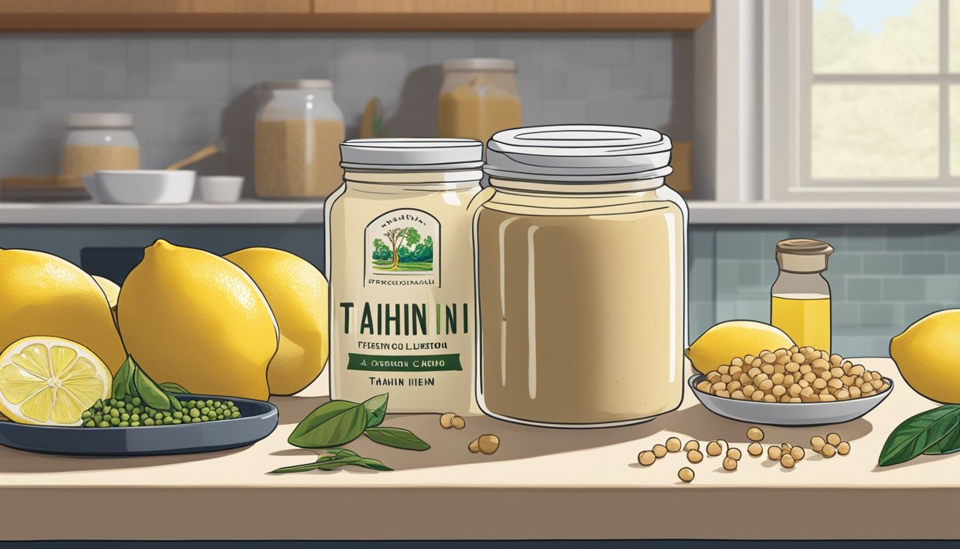 A jar of tahini sits on a kitchen countertop, surrounded by various ingredients like chickpeas, olive oil, and lemon. A cookbook open to a page with tahini recipes lies nearby