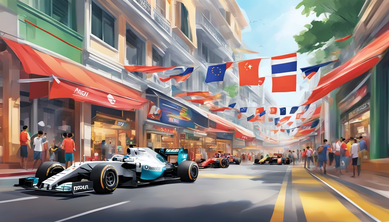 The bustling streets of Singapore showcase vibrant F1 merchandise displays in storefronts, with colorful flags and banners fluttering in the breeze