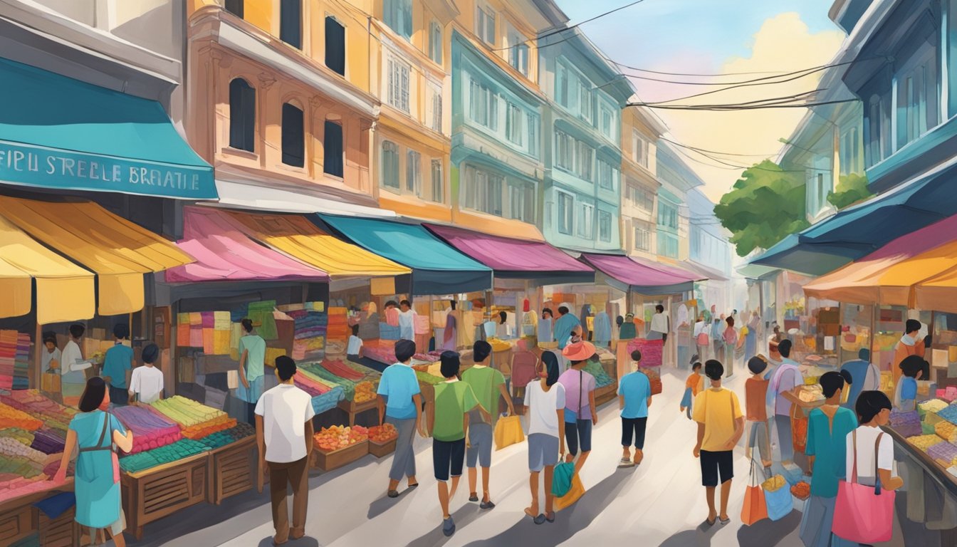 A bustling market street in Singapore, with colorful fabric shops and vendors selling a variety of affordable curtains. The scene is filled with vibrant patterns and textures, with customers browsing the selection