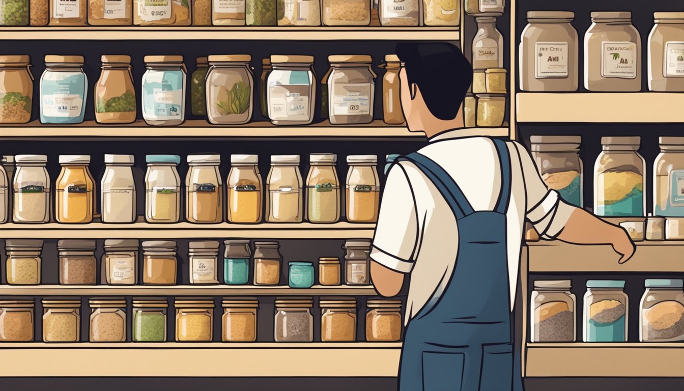 Shelves stocked with tahini jars, sign "Where to buy tahini in Singapore" above. Customers browsing nearby