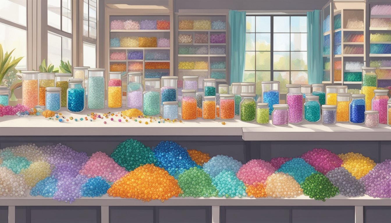 A table adorned with Swarovski crystal beads, surrounded by colorful threads and tools, in a bright and airy craft store in Singapore