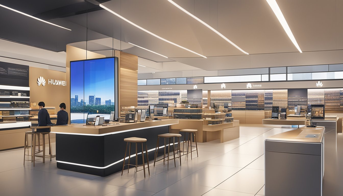 The Huawei Mate 10 Pro sits on a sleek, modern table in a bustling Singaporean electronics store. Bright lights illuminate the device, showcasing its elegant design and advanced features