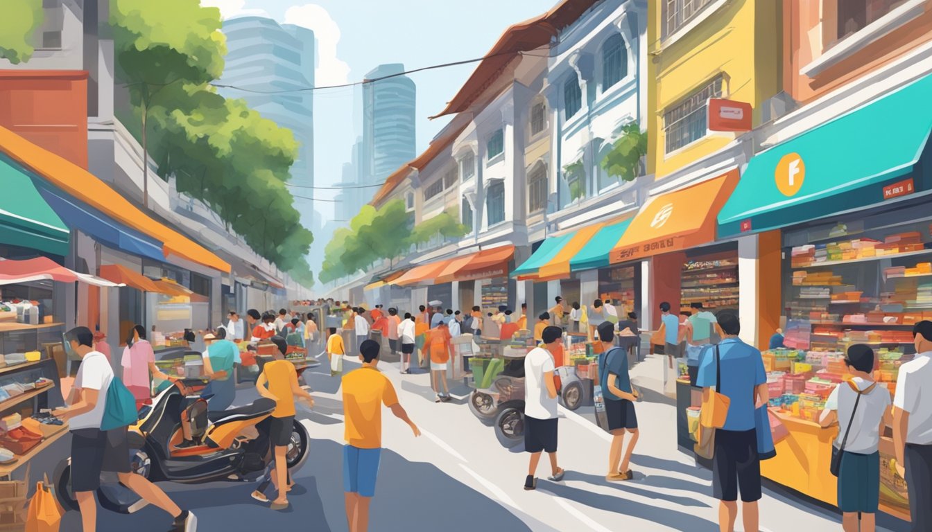 A bustling Singapore street lined with shops selling F1 merchandise, with colorful displays and eager customers browsing the items