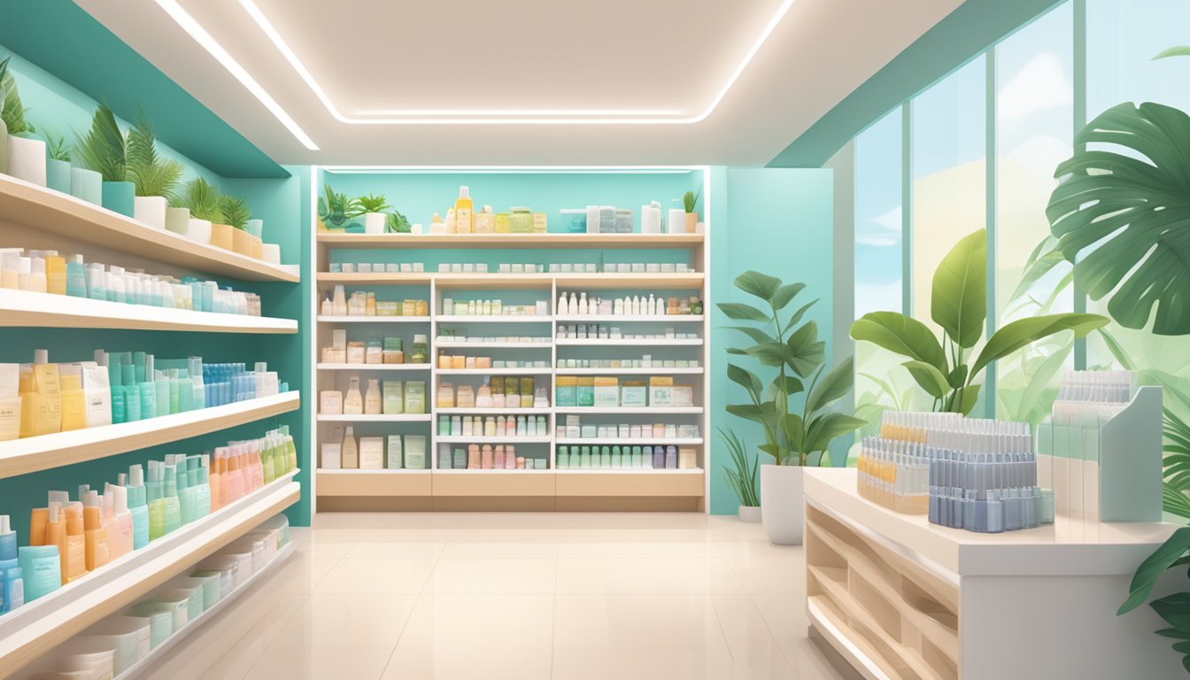 A shelf displaying sunscreen, moisturizer, and hydrating face masks in a bright, modern skincare store in Singapore. The store is filled with natural light and tropical greenery, creating a fresh and inviting atmosphere