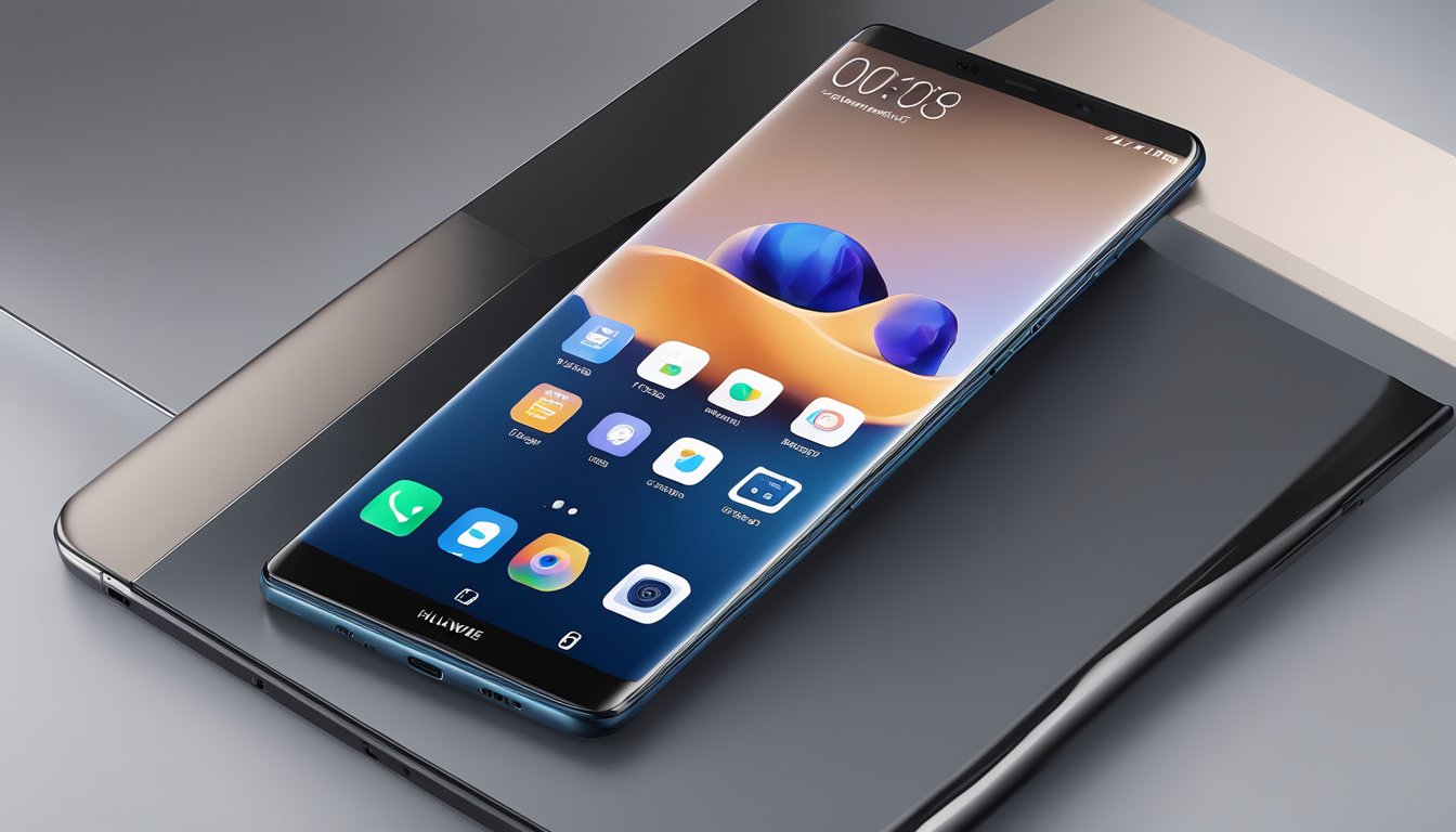 A Huawei Mate 10 Pro phone positioned on a sleek, modern table with advanced photography and performance features highlighted in the background