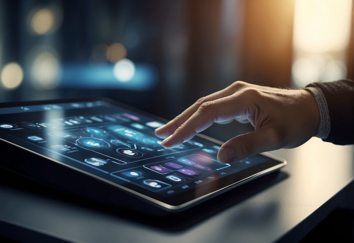 A hand hovers over a sleek touchscreen, tapping and swiping to navigate the Automatic1111 interface