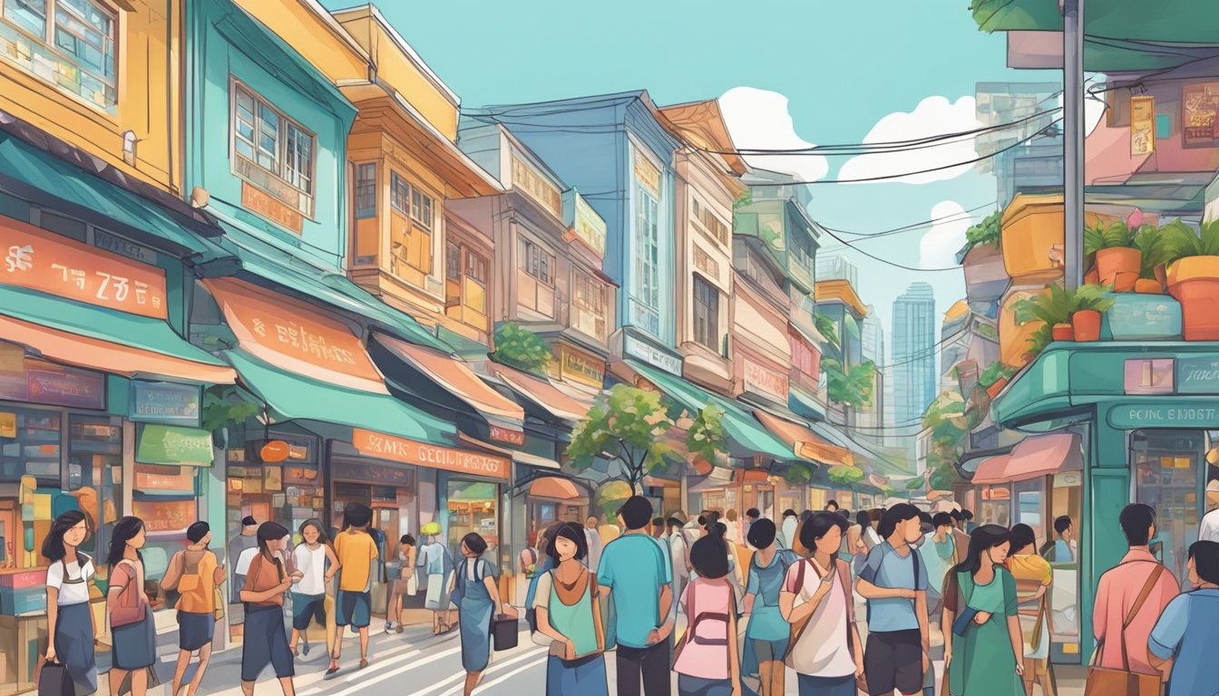 A bustling street in Singapore with various storefronts selling skincare products. Brightly colored signs and busy shoppers create a lively atmosphere