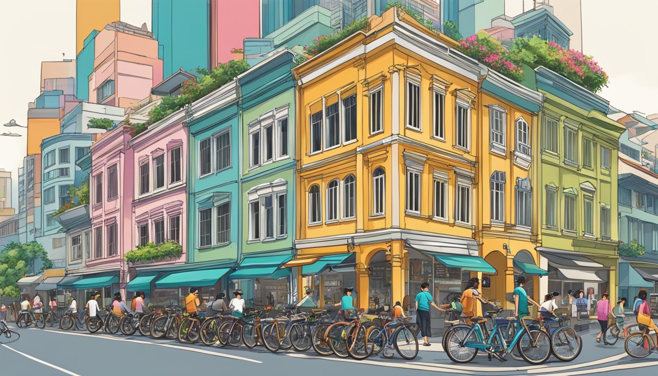 A bustling street in Singapore, with a sleek bicycle shop showcasing a variety of Brompton bikes in vibrant colors and designs