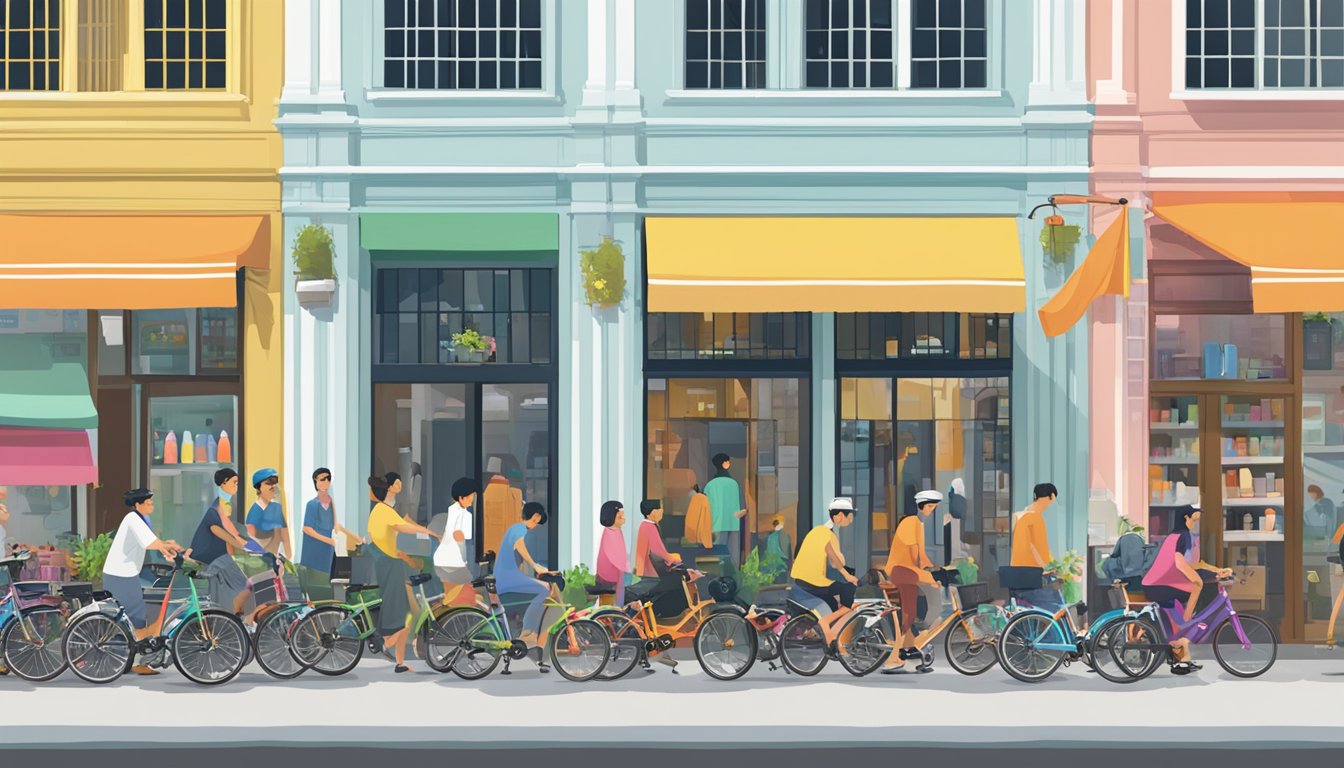 A bustling street in Singapore, with a colorful display of Brompton bicycles outside a shop, surrounded by eager customers