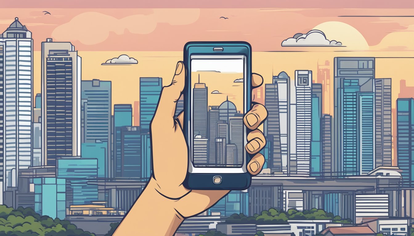 A hand holding a Japanese phone in front of a Singapore city skyline