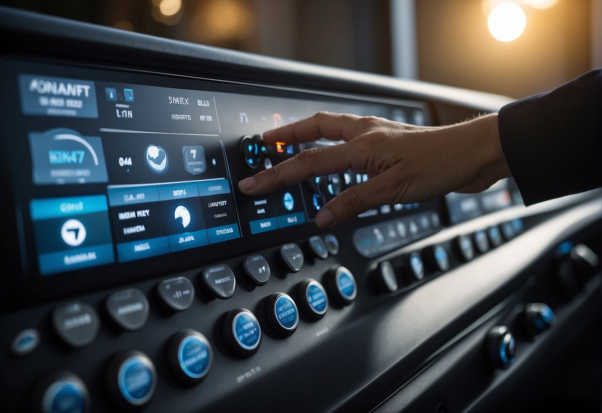 A hand reaches for a sleek, modern control panel labeled "Specialized Features." The panel displays the words "Automatic1111" and various buttons and switches