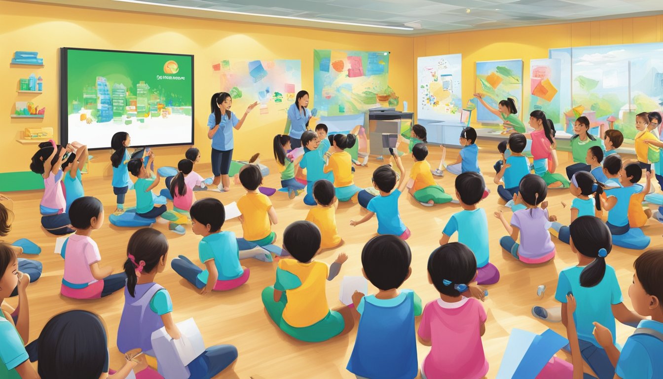 A group of children engage in educational activities at a Standard Chartered JumpStart event in Singapore. The scene is filled with vibrant colors and energetic movement as the children participate in various learning experiences