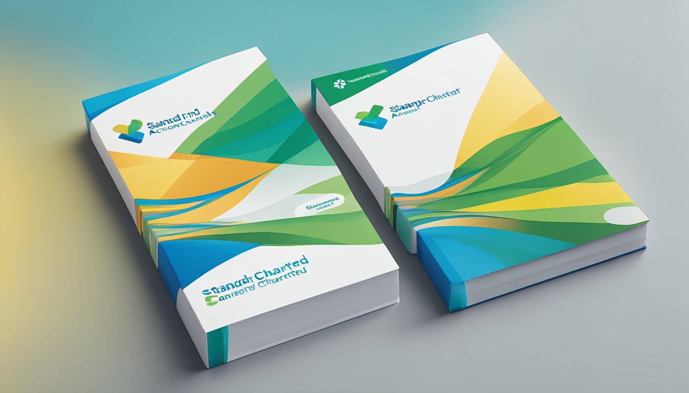 A stack of colorful JumpStart account brochures on a sleek, modern desk with the Standard Chartered logo in the background