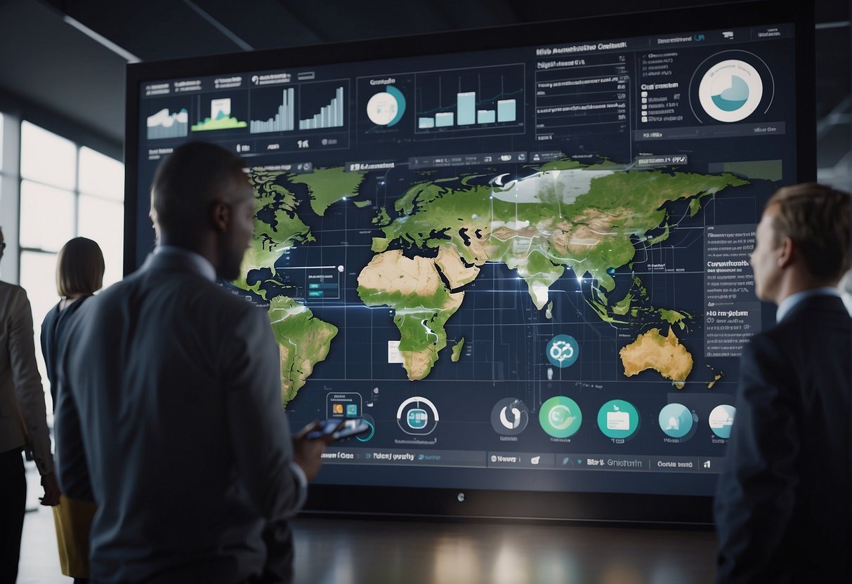 A group of people are gathered around a digital screen, using collaborative and community tools to automatically share and organize information