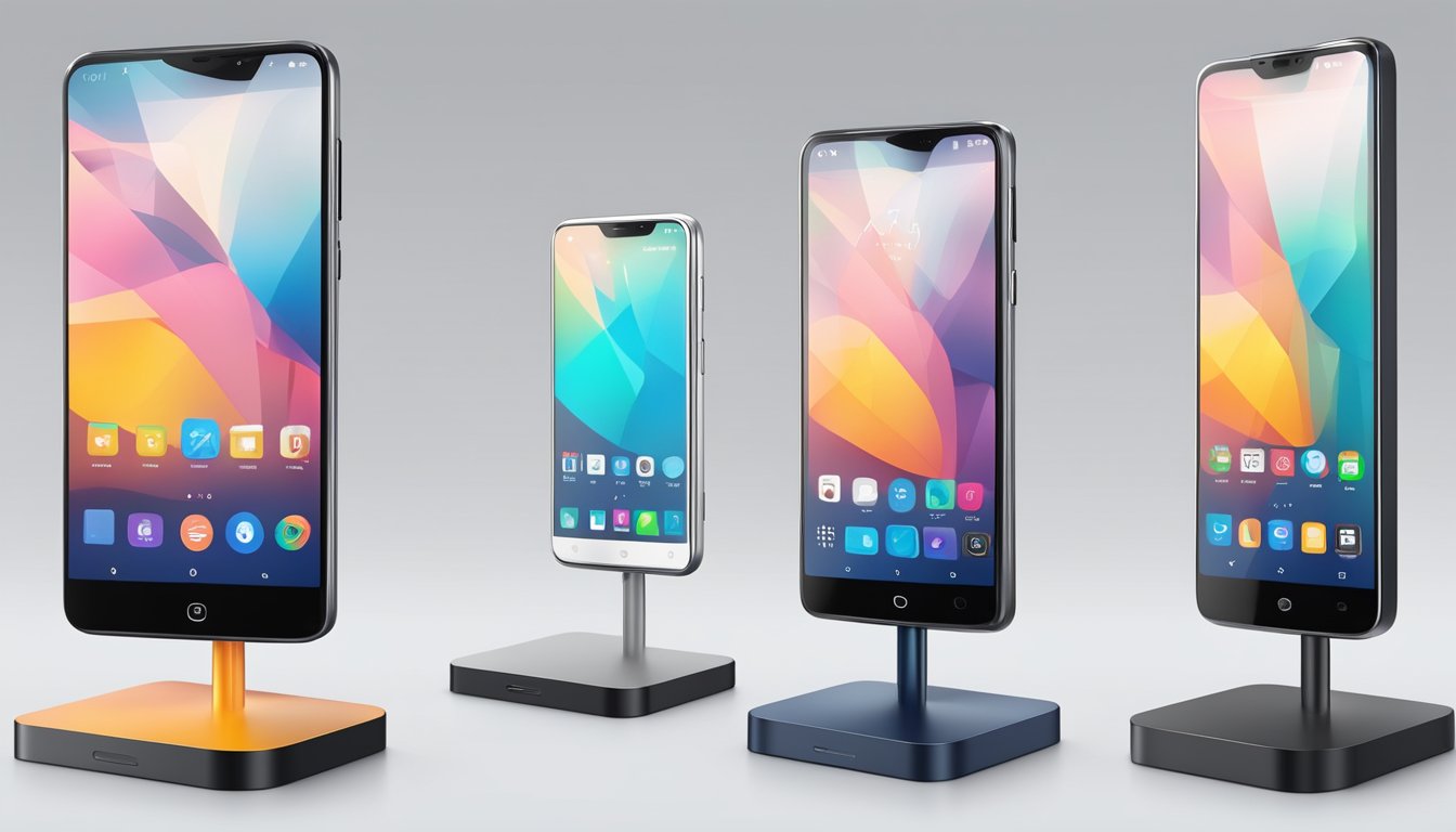 Japanese smartphones arranged on a sleek, modern display stand with technical specs and features highlighted