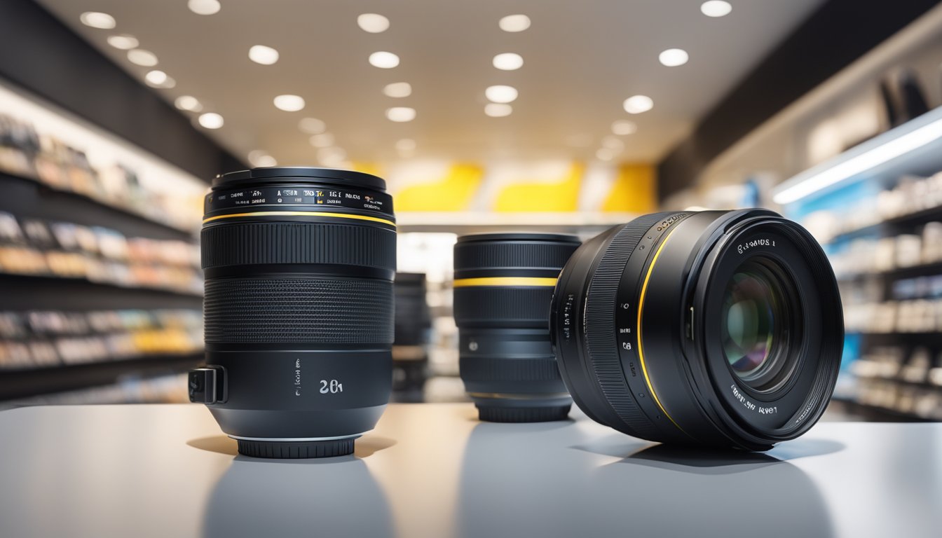 A camera lens displayed in a well-lit showcase at a photography store in Singapore