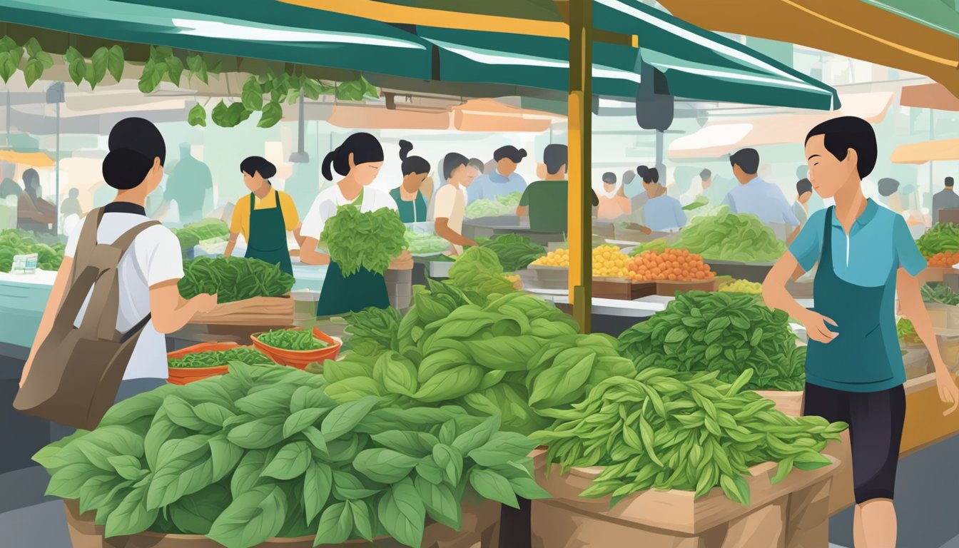 A bustling market stall displays fresh Thai basil in Singapore