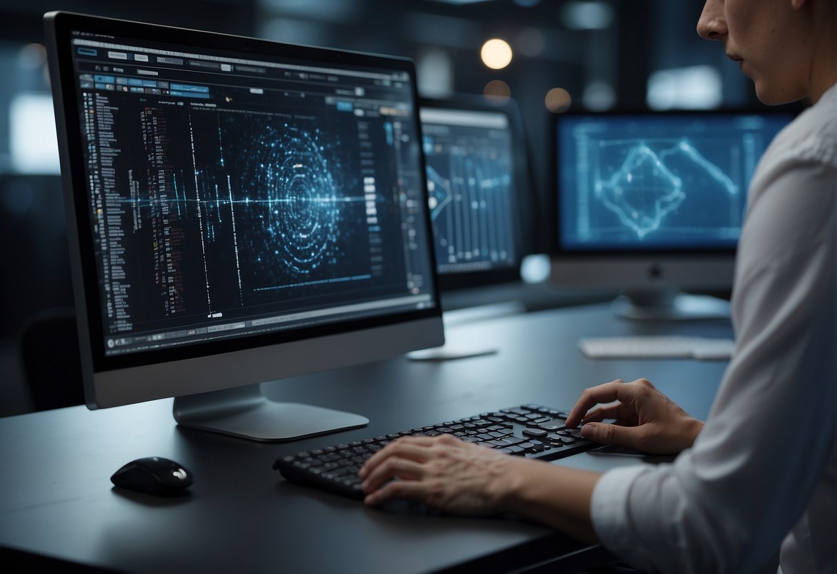 AI software creating 3D models on a computer screen with precision and speed. Algorithms and data inputs are visible, guiding the virtual object's formation