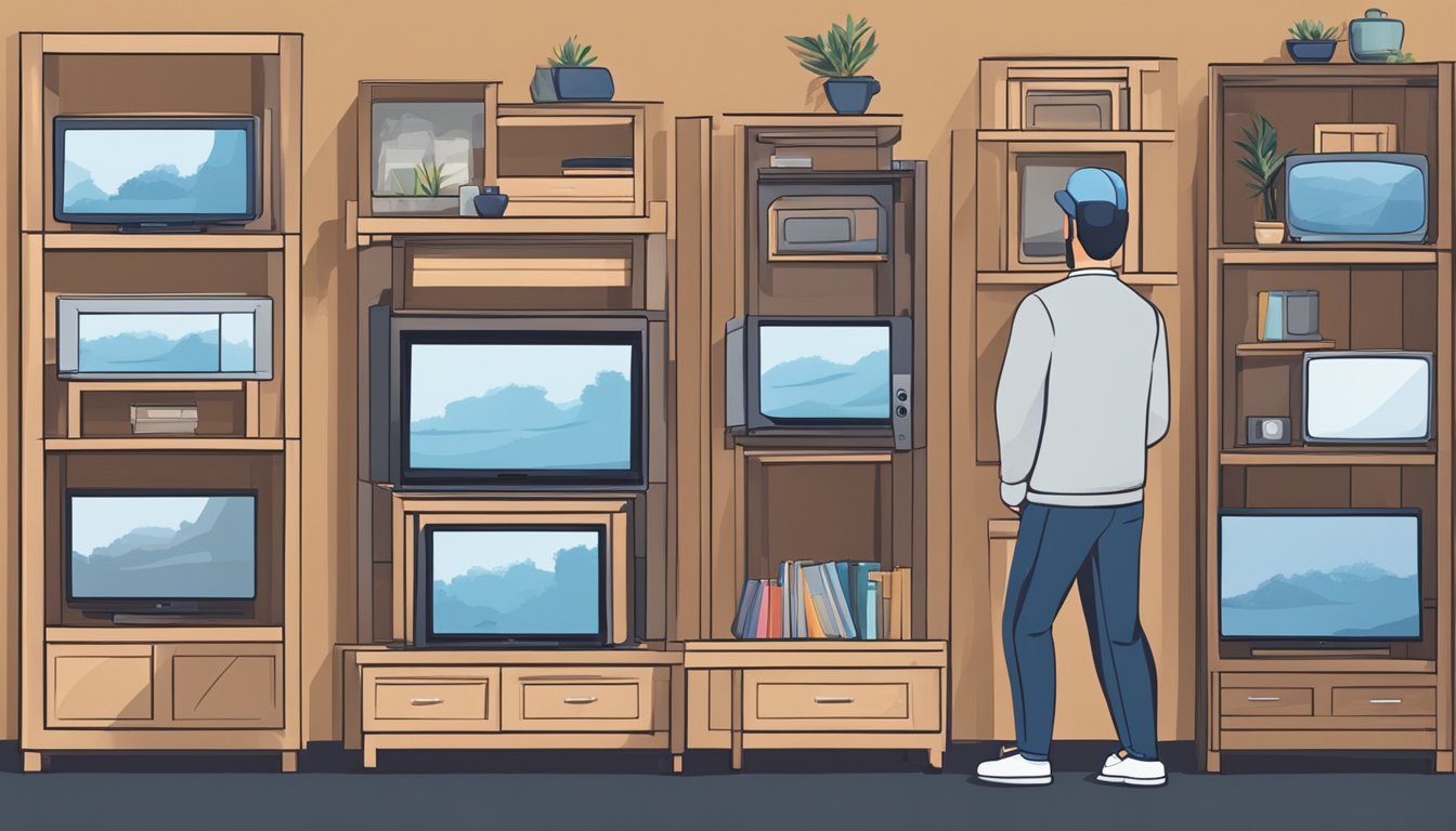 A person browsing through various TV stands in a furniture store, carefully examining the different styles and sizes available