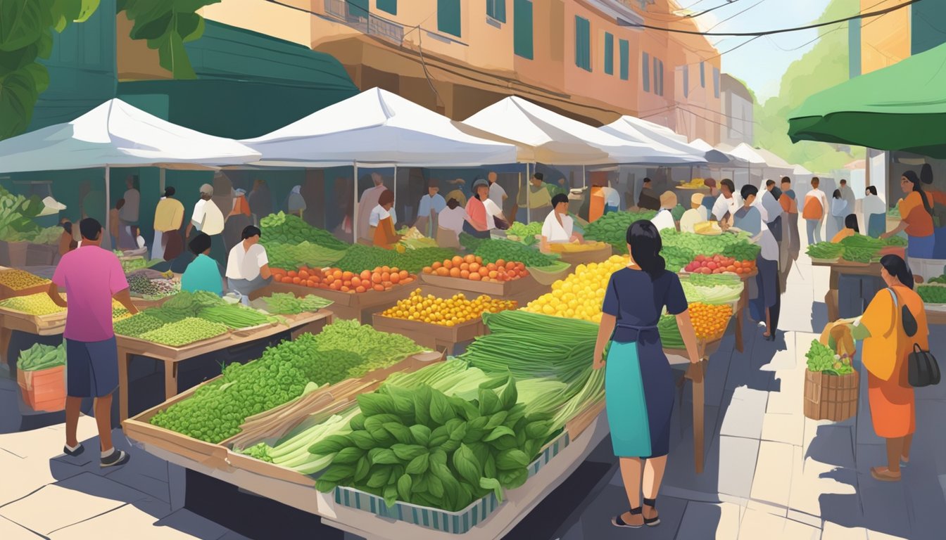 A bustling outdoor market with colorful stalls selling fresh produce, including vibrant green Thai basil. Shoppers and vendors haggle and chat amidst the aromatic herbs