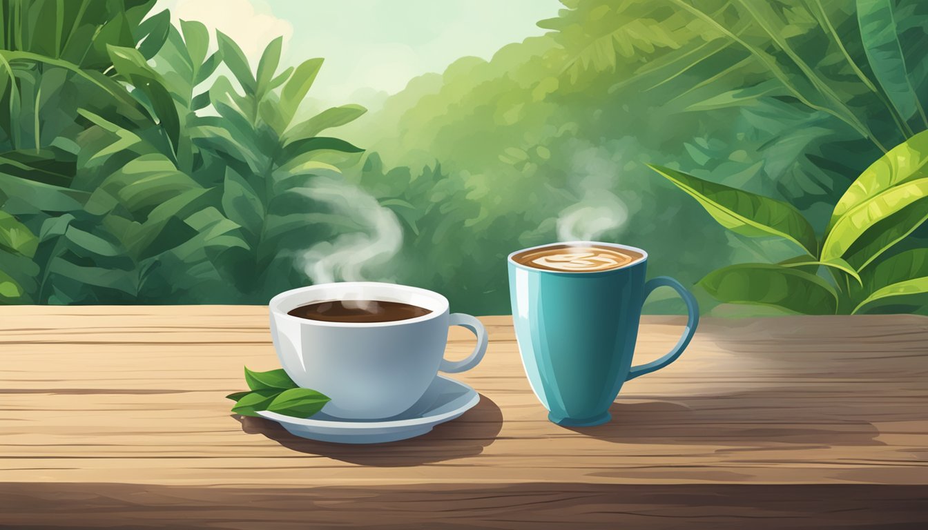 A steaming cup of Tongkat Ali coffee sits on a rustic wooden table, surrounded by lush greenery. A sign nearby advertises the health benefits of the coffee and where to buy it in Singapore
