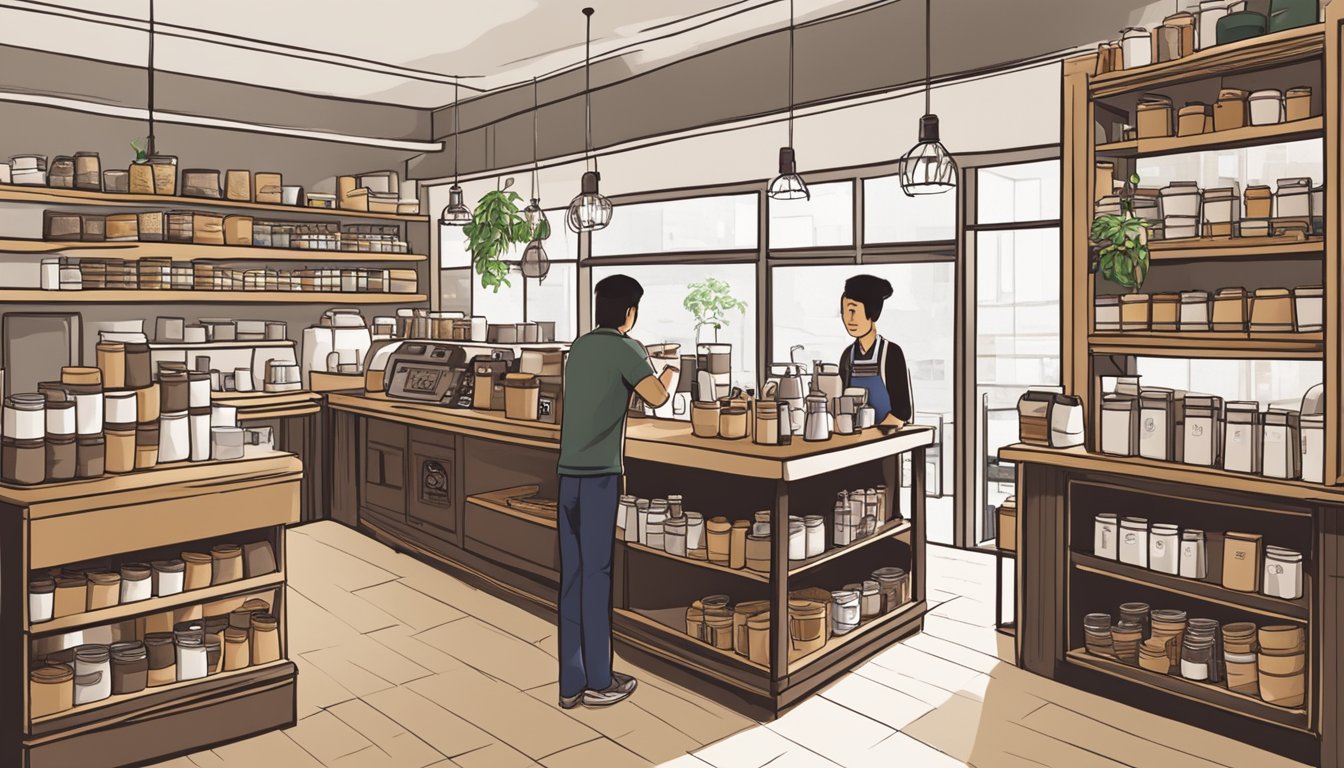 A bustling coffee shop in Singapore with shelves stocked with various coffee products, including tongkat ali coffee. Customers asking staff about the product