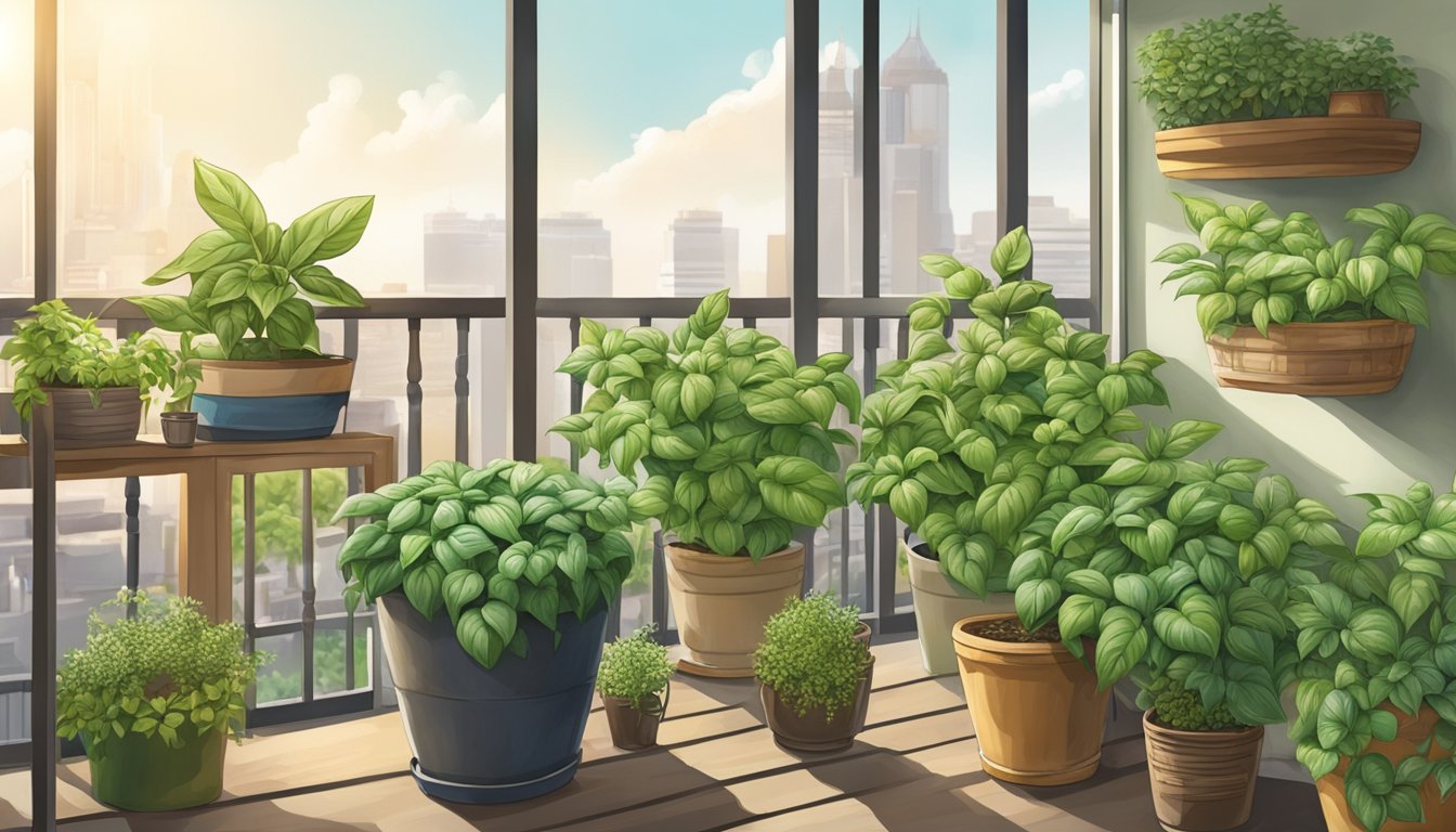Lush green Thai basil plants fill a sun-drenched balcony, surrounded by pots and gardening tools. A small sign indicates the availability of Thai basil for purchase in Singapore