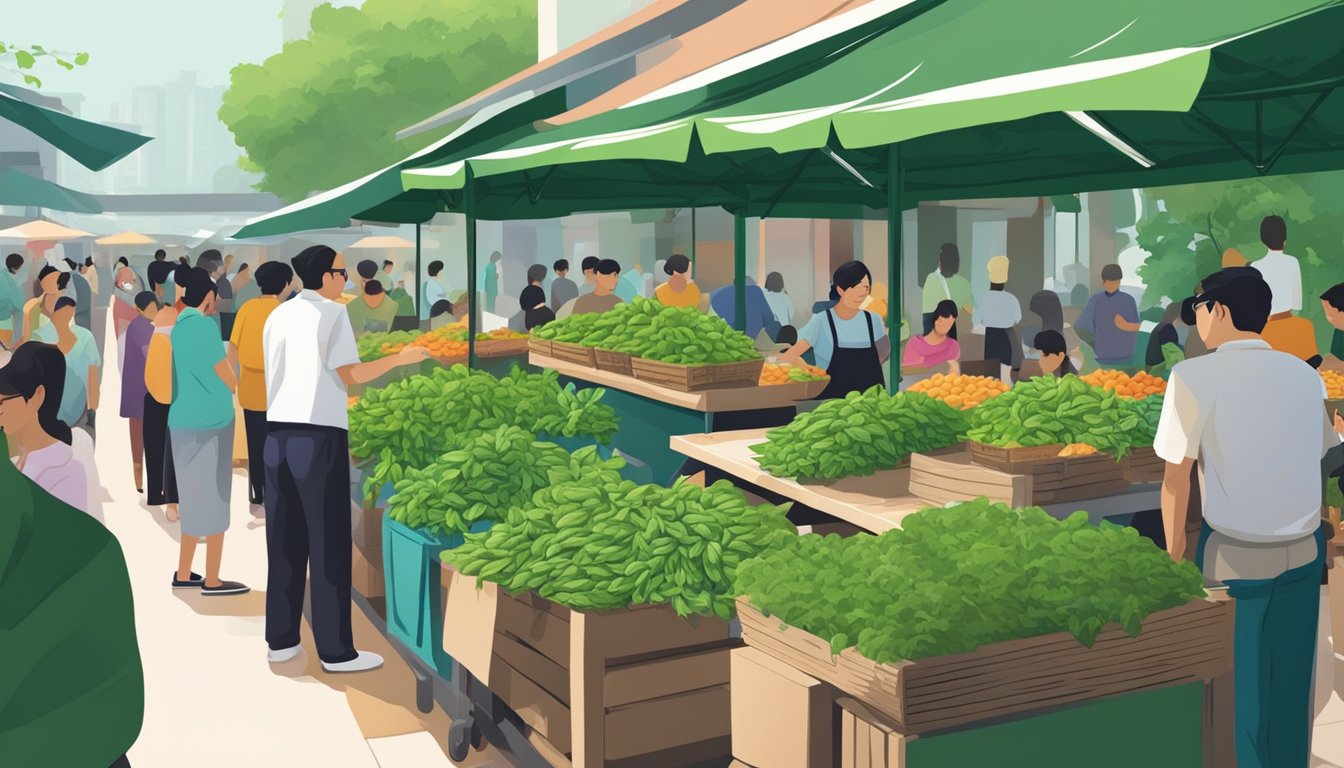 A bustling market stall with vibrant green Thai basil displayed in neat bunches, surrounded by curious shoppers in Singapore