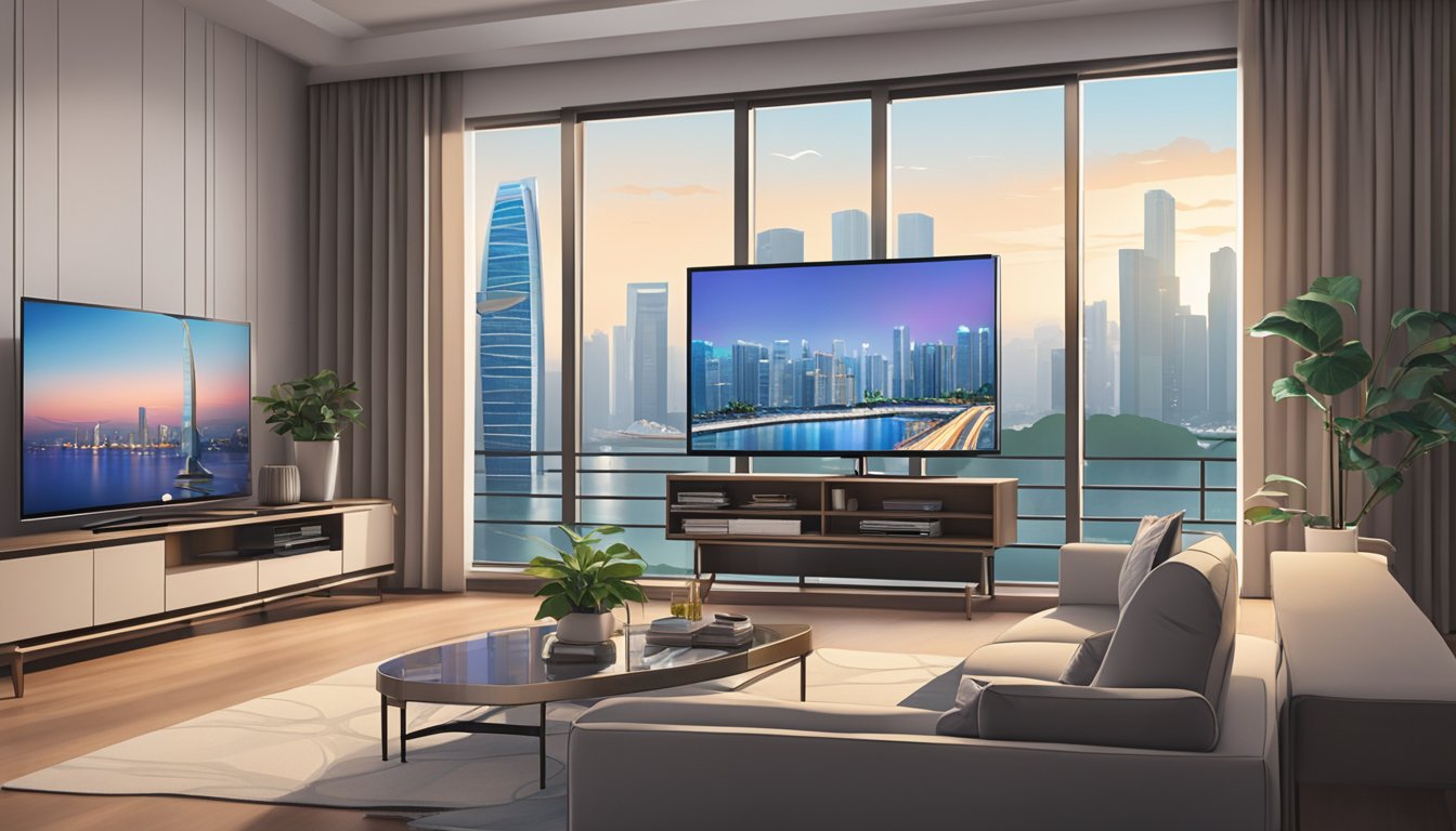 A modern living room with a sleek TV stand against a backdrop of a bustling Singapore cityscape