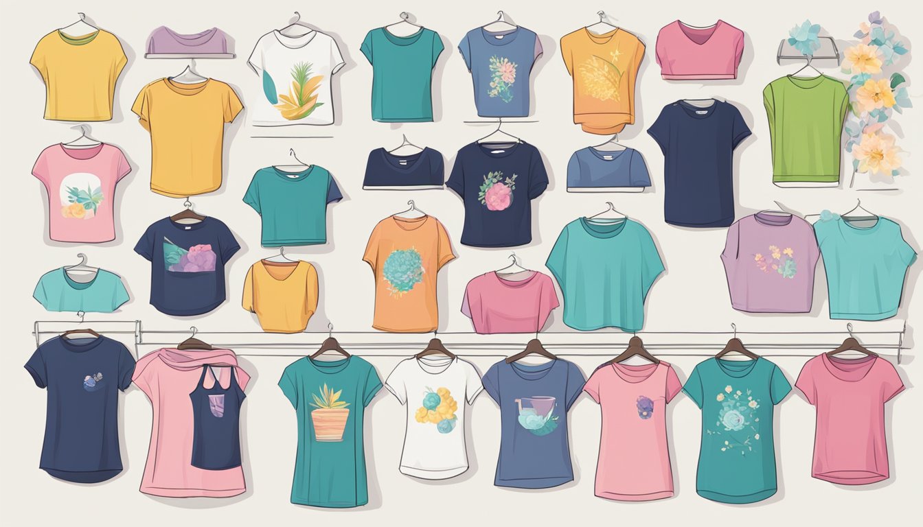 A computer screen displaying a variety of colorful and stylish women's t-shirts