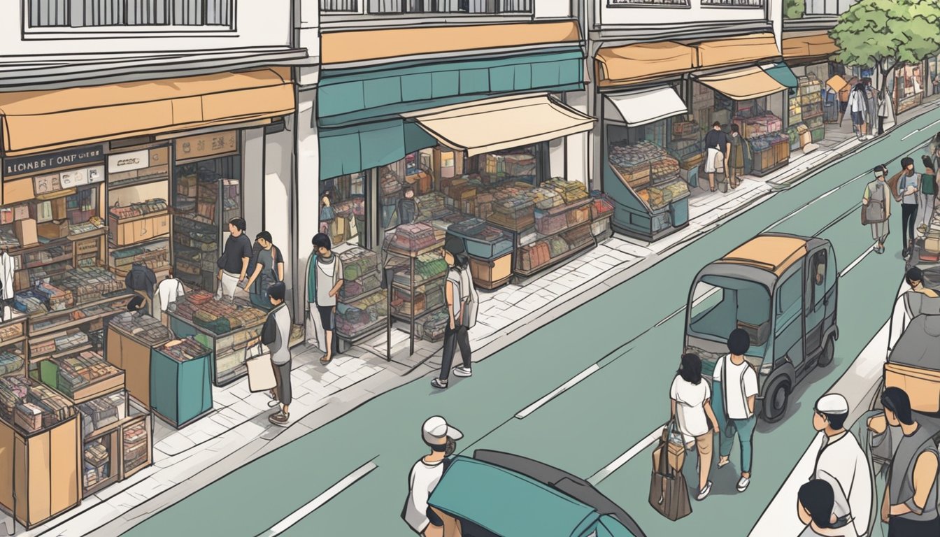 A bustling street in Singapore, lined with trendy shops displaying racks of cargo pants in various colors and styles. Shoppers browse through the selection, while store owners eagerly assist them