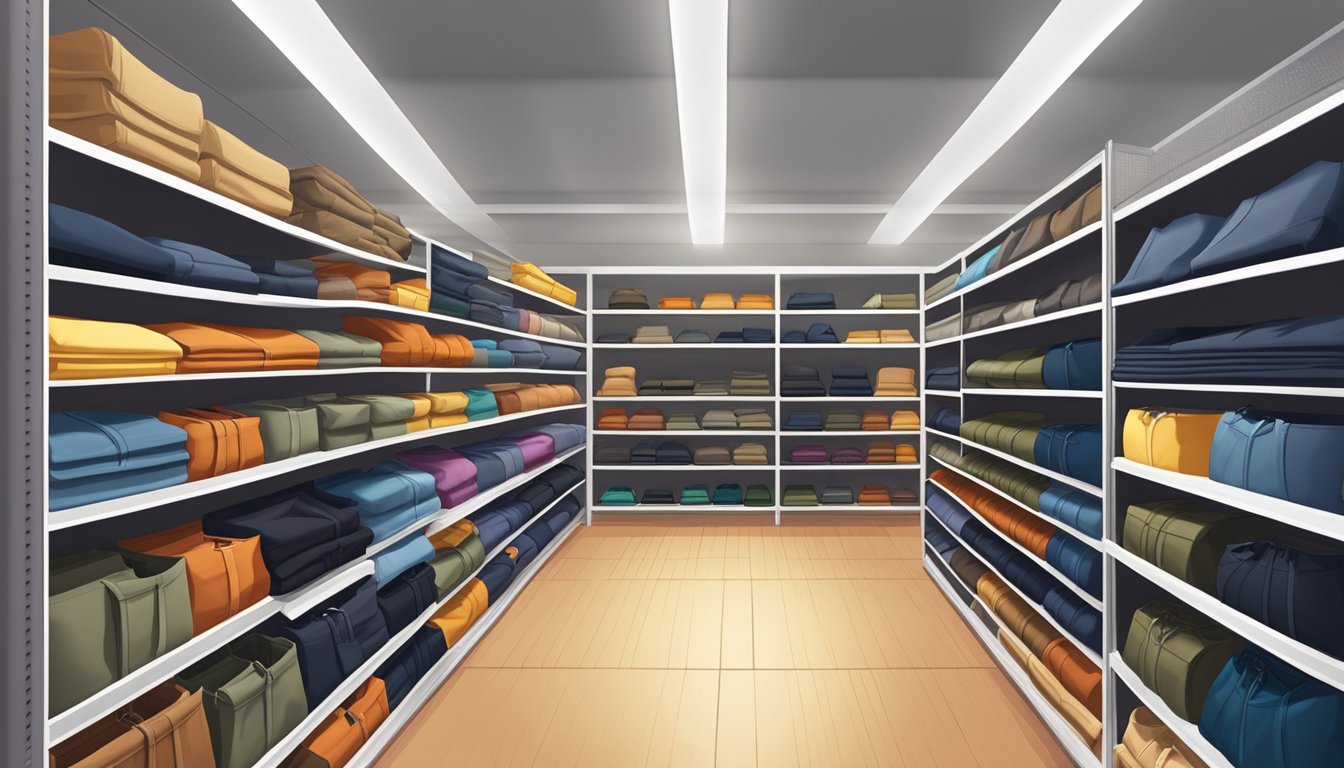 A display of cargo pants in a well-lit store, with various colors and sizes neatly arranged on shelves and racks