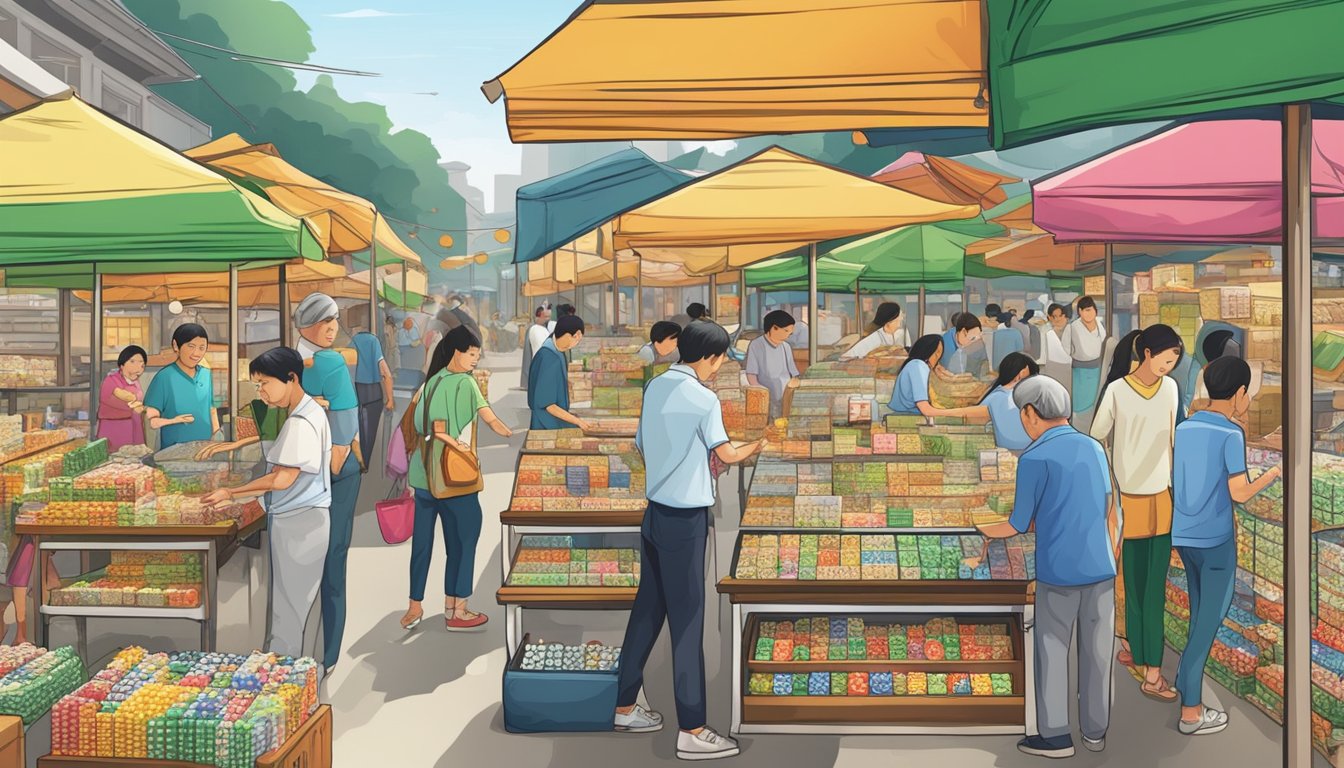 A bustling market stall displays colorful mahjong sets in Singapore