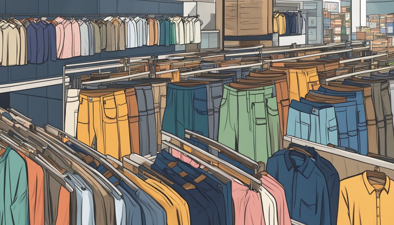 A store display of cargo pants in a bustling Singapore shopping district. Brightly lit with various styles and colors showcased