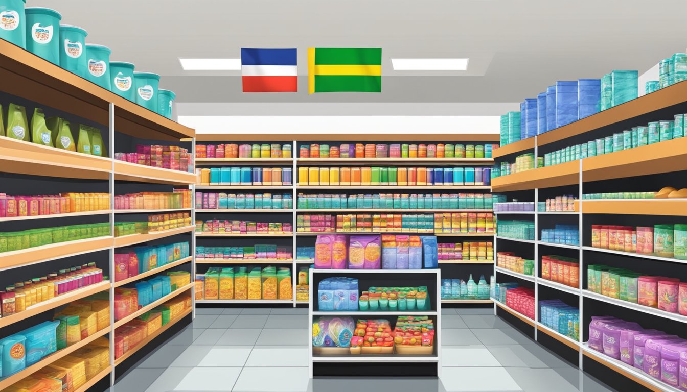 Shelves lined with Thailand products at a Singaporean store, with colorful packaging and labels