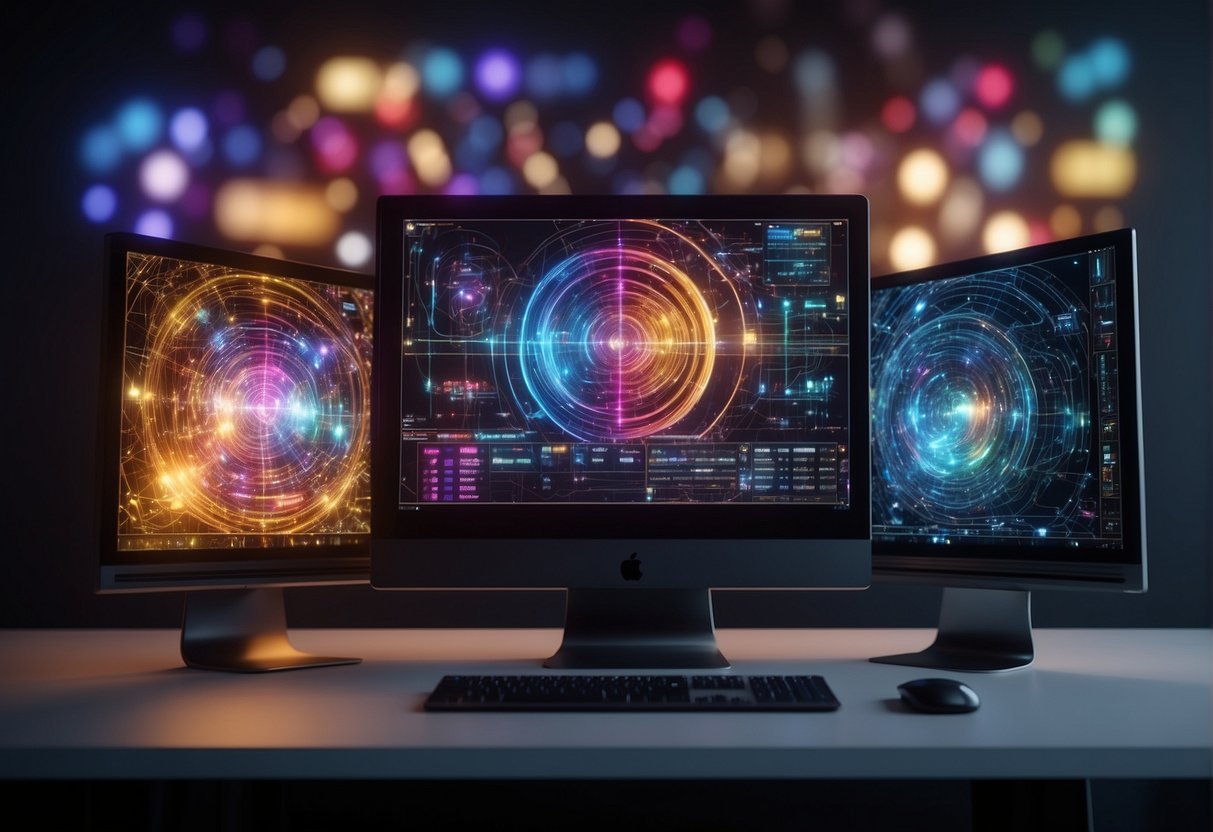 A computer generating a 3D model using advanced AI techniques. Multiple screens display the intricate process, with colorful lines and shapes forming the model
