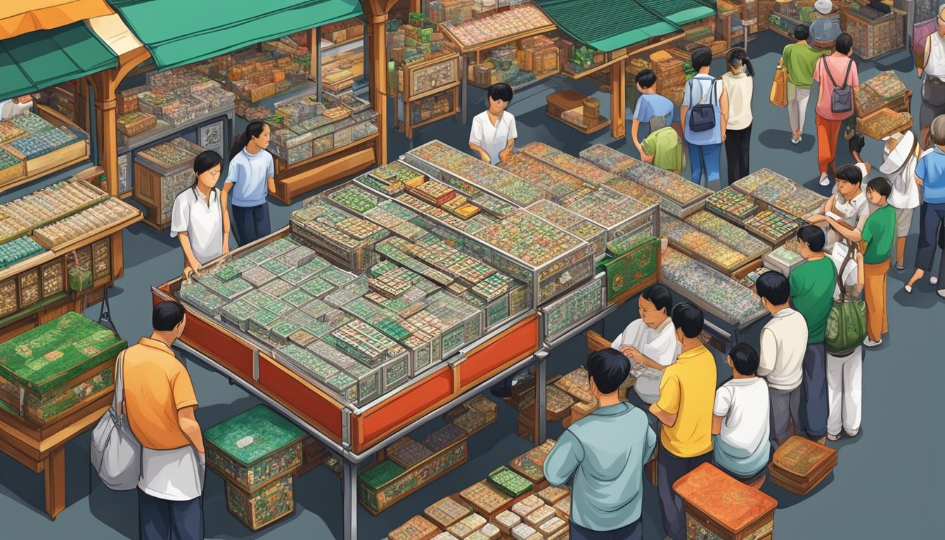 A bustling Singapore market stall displays various Mahjong sets for sale. The colorful tiles and intricately designed cases catch the eye of passersby