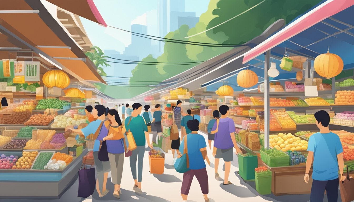 Shoppers browse colorful Thai products in a bustling Singapore market, while others peruse aisles of Thai goods in a modern supermarket