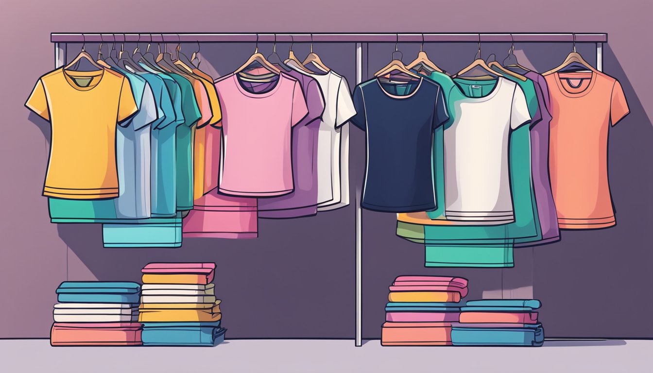 A colorful display of trendy women's t-shirts, neatly organized on shelves or racks, with vibrant patterns and designs