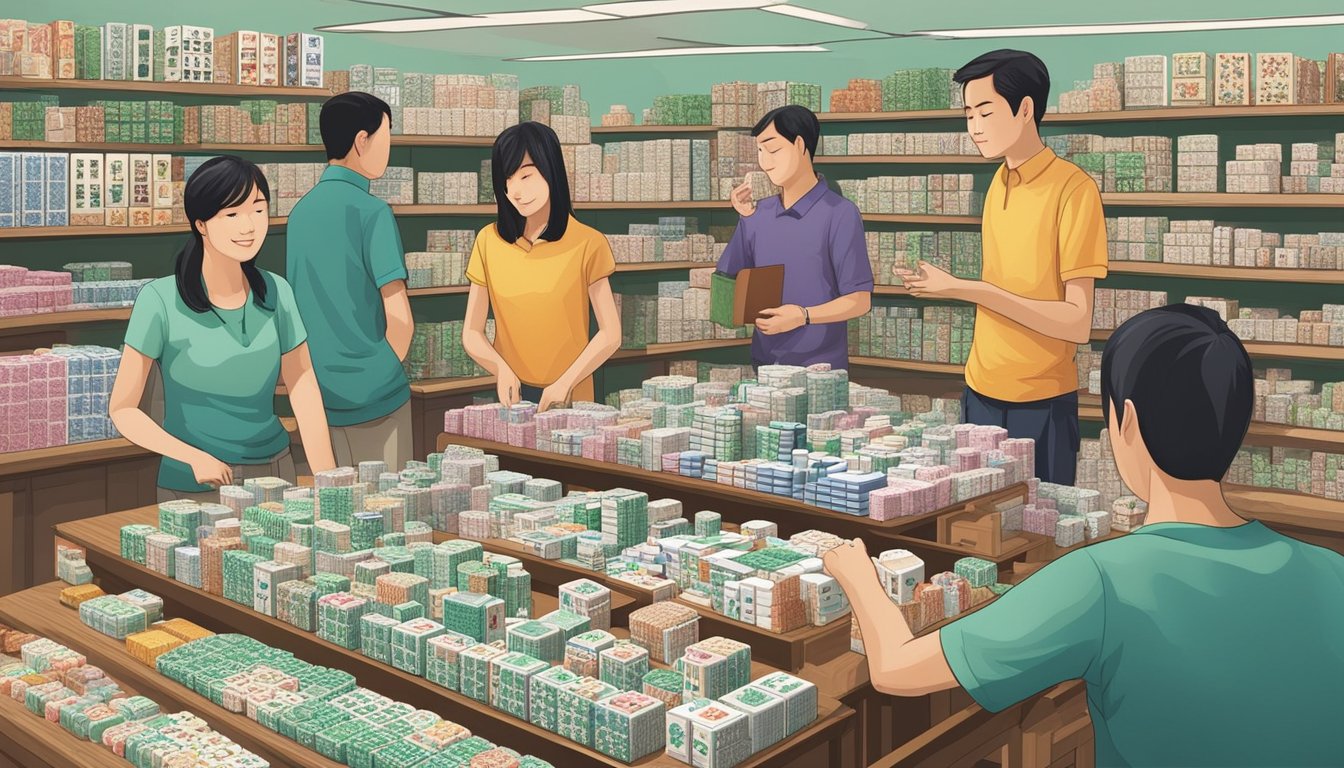 A display of various mahjong sets in a Singaporean store, with customers browsing and comparing different designs and materials