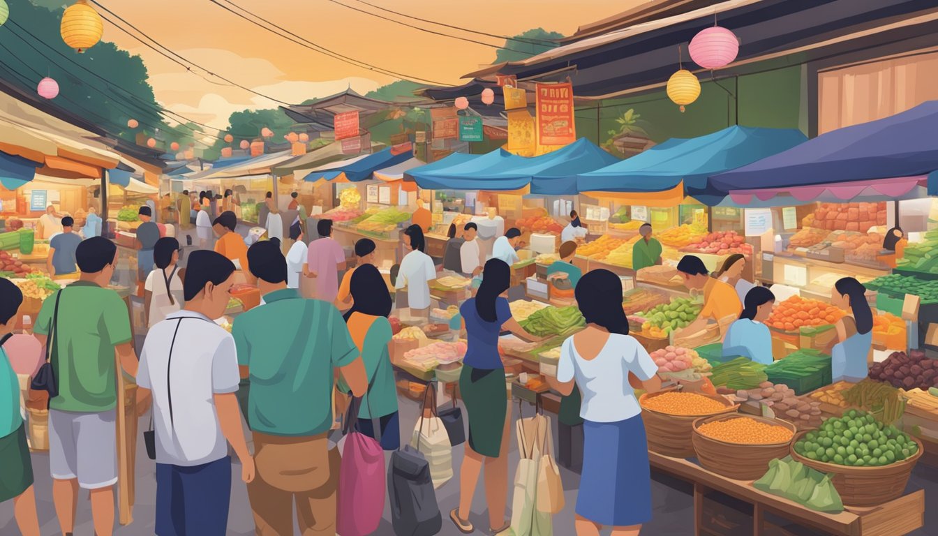 A bustling market with colorful Thai food and products on display, with eager customers browsing and purchasing items