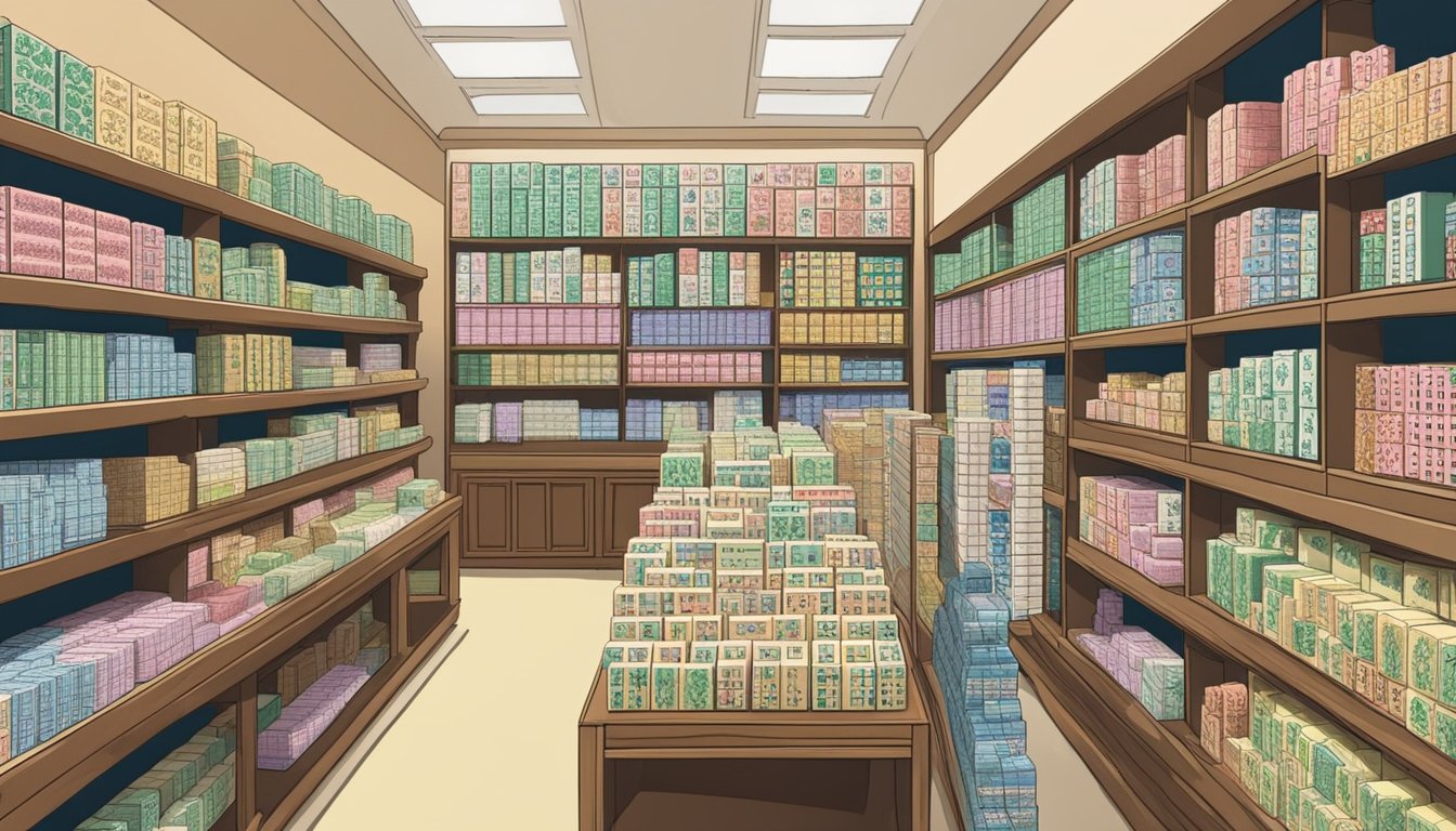 A display of mahjong sets in a Singaporean store, with various designs and prices, accompanied by a sign reading "Frequently Asked Questions: Where to buy mahjong set in Singapore."