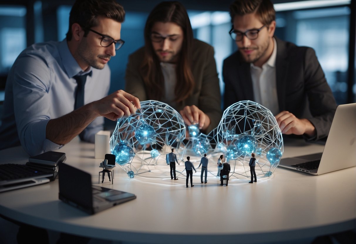 A group of individuals working together to create and share 3D models using artificial intelligence technology. They are collaborating, discussing, and exchanging ideas to produce innovative and detailed designs