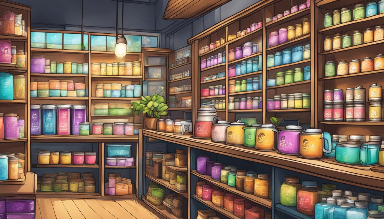A colorful tea shop in Singapore, with shelves lined with Cat's Whiskers Tea. The vibrant packaging and enticing aroma draw in customers