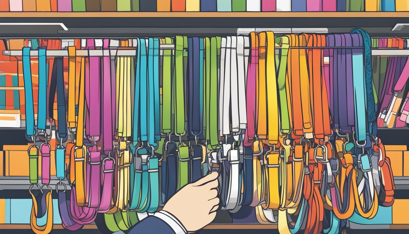 A hand reaches for a lanyard in a bustling Singapore market. Brightly colored lanyards hang from a display, catching the sunlight