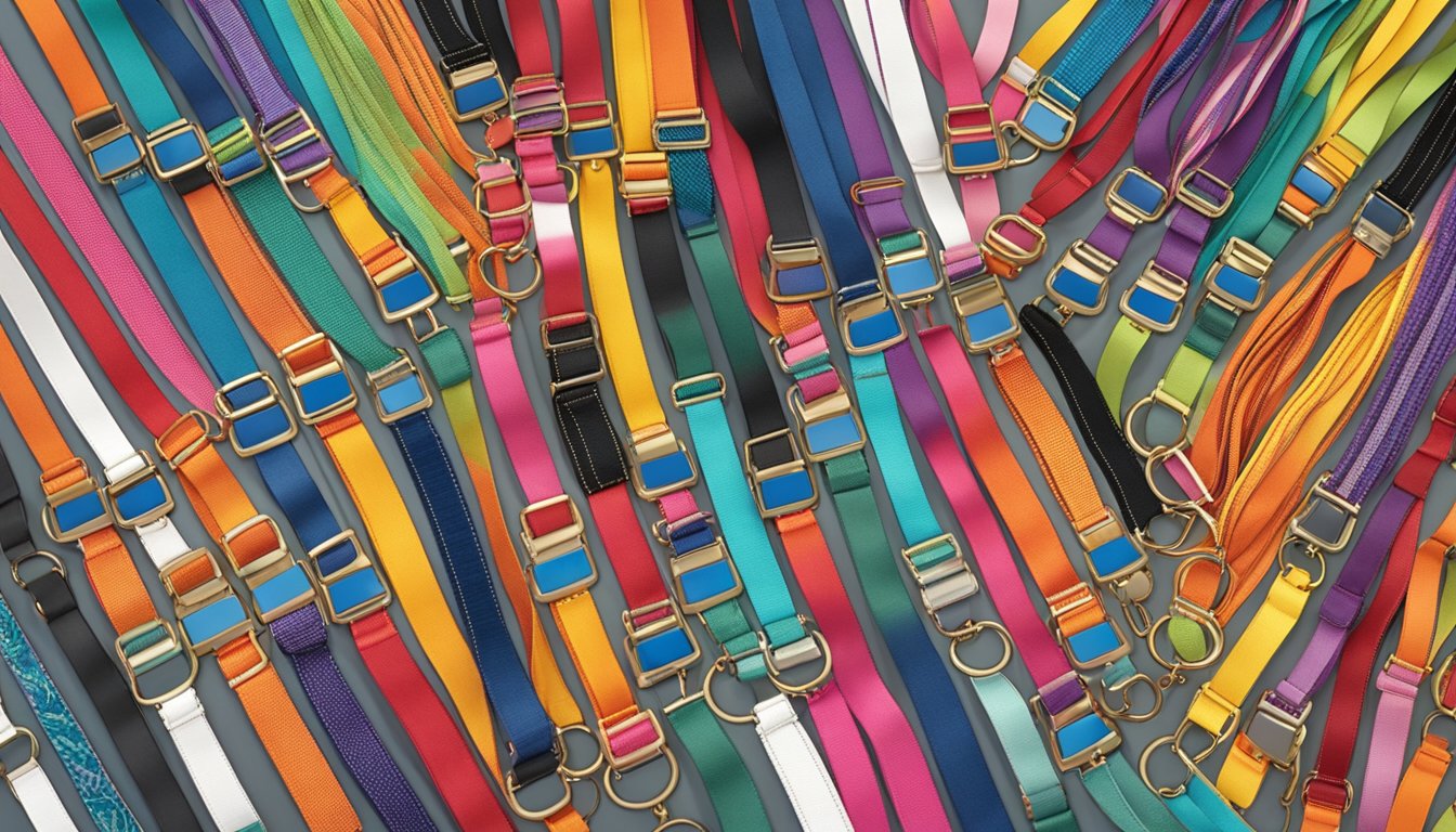 Various lanyards displayed on a table, including fabric, leather, and beaded options. Bright colors and different lengths are visible