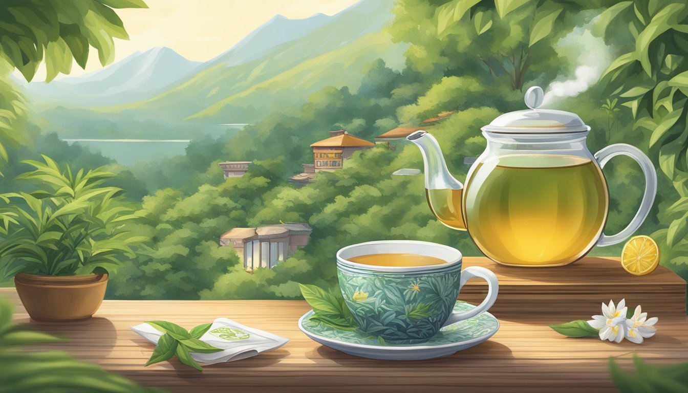 A serene setting with a steaming cup of Cat's Whiskers Tea surrounded by lush greenery and a peaceful ambiance. The packaging of the tea prominently displayed with the text "Cat's Whiskers Tea" and the logo of the store in