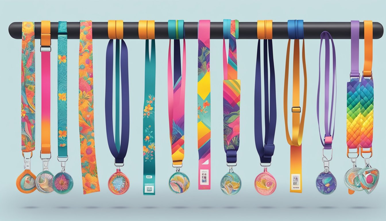 A hand reaching for a colorful lanyard on a display rack, with various designs and customization options showcased in the background